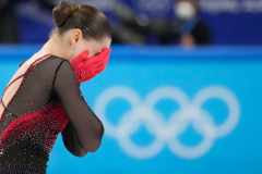 Feb 17, 2022; Beijing, China; Russian Olympic Committee's Kamila Valieva succumbs to the pressure of a drug scandal and falls out of a medal in the Ladies long program during the Beijing 2022 Olympic Winter Games at Capital Indoor Stadium.