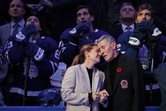 Former Toronto Maple Leaf Borje Salming is honored during a pregame ceremony prior to the game between Toronto and the Vancouver Canucks at the Scotiabank Arena on November 12, 2022 in Toronto, Ontario, Canada. Salming, joined by his wife Pia, was diagnosed with ALS earlier this year and passed away two weeks after this appearance.