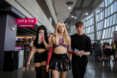 Eden Hoeffling (center), 17, her friend Alex Hansen (left), 17, and her boyfriend Tyler Swearingin (right), 18, arrive at the T-Mobile Center for a concert in Kansas City, Mo., on September 27, 2023. Eden, her boyfriend Tyler and her friends Alex and Avery travelled to Kansas City for her first big gig to watch the hip hop duo $uicideboy$.