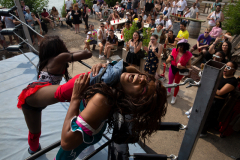 Sebastian Leshawn, left, takes the upper hand against Paris Sahara in a Matter of Pride LGBTQ wrestling match at Strong Rope Brewer in Red Hook, June 11, 2023.