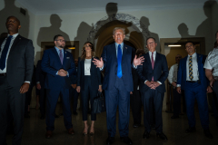 Former U.S. President Donald Trump speaks to the media at New York State Supreme court at the start of the civil fraud trial against him. October 02, 2023 in New York City.