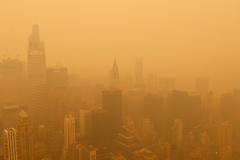 NEW YORK, NY - JUNE 7: Heavy smoke from Canadian Wild fires fills the air shrouding the view to the northeast of One Vanderbilt and the Chrysler Building from the 86th floor of the Empire State Building on June 7, 2023, in New York City.