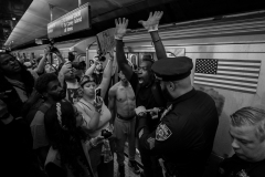 People take part in a protest concerning the death of Jordan Neely at Lexington Av/63 St subway. Manhattan, New York. 06 May 2023.