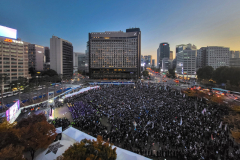 Thousand gathered to pay their respect to the victims of the 1029 Itaewon Crowd Crush Disaster on the anniversary at the temporary memorial in front of Seoul City Hall in Seoul, South Korea, on Oct. 29th, 2023. The city still hasn’t given the permission to built the memorials for the victims.
