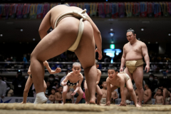 Hakuhō Shō, foreground, the former Mongolian Yokozuna (champion) gave a session with four young participants during Hakuhō Cup, a sumo competition for elementary and middle school students at Ryōgoku Kokugikan in Tokyo, Japan on Feb. 12th, 2023.