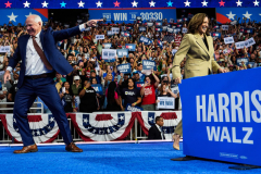 Democratic presidential nominee Vice President Kamala Harris and Democratic vice presidential nominee Minnesota Gov. Tim Walz arrive at a campaign rally at Desert Diamond Arena, Friday, Aug. 9, 2024, in Glendale, Ariz.