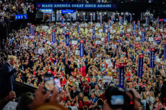 Republican presidential candidate former President Donald Trump gestures as he arrives at the Republican National Convention Wednesday, July 17, 2024, in Milwaukee.