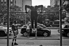 June 5, 2024. Using scaffolding as gym equipment, Brooklyners work out on 4th Ave Brooklyn, NY