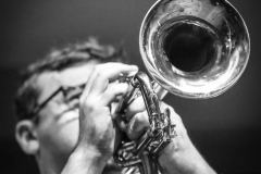 A Jazz musician performs on Trumpet during the Wednesday night open jam session at the Jazz Loft in Stony Brook on the evening of June 26, 2024.