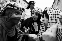 A group of young women attending the “NAKBA DAY: ALL OUT FOR GAZA” Protest organized by Within Our Lifetime in Bay Ridge, Brooklyn, on May 18, 2024, where there is a large Muslim population. The protest was met with an enormous police presence leading to dozens of arrests.  May 15th marked the 76th anniversary of NAKBA (also known as the “Catastrophe”) when Palestinians were expelled from Mandatory Palestine in 1948. This photo was taken during the ongoing Israel-Hamas War.