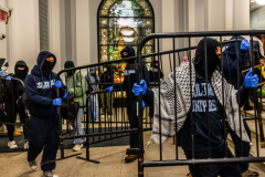 Demonstrators carry barricades and other supplies as they enter into Hamiliton Hall, an academic building at Colombia University, where they planned to occupy the building after the school declined to meet protestors' demands on April 30, 2024 in New York City. Pro-Palestinian demonstrators marched around the "Gaza Solidarity Encampment" at Columbia University as a 2 P.M. deadline to clear the encampment given to students by the university passed. The students were given a suspension warning if they did not meet the deadline.
