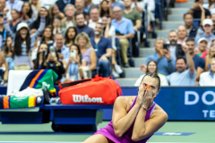 Aryna Sabalenka falls to the ground after defeating Jessica Pegula in straight sets 7-5, 7-5 to win the Women’s Finals in the US Open Championships at the USTA Billie Jean King National Tennis Center in Flushing Meadow Saturday, September 7, 2024
