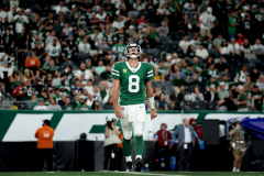 New York Jets quarterback Aaron Rodgers (8) reacts after an incomplete pass during the fourth quarter against the New England Patriots at MetLife Stadium in East Rutherford, NJ on Thursday, September 19, 2024.