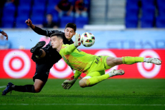 Nashville SC forward Jonathan Perez (24) takes a shot against New York City FC goalkeeper Matt Freese (49) during the second half at Red Bull Arena in Harrison, NJ on Sunday, October 6, 2024.