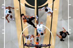Brooklyn Nets forward Jalen Wilson (22) collides with Charlotte Hornets guard Josh Green (10) under the basket during the third quarter at Barclays Center in Brooklyn, NY, on Tuesday, November 19, 2024.