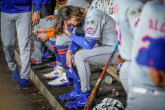 Mets outfielder Jesse Winker in the dugout in the eighth inning during Game 6 of the NLCS against the Dodgers at Dodger Stadium in Los Angeles on Oct. 20.