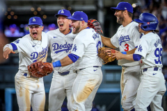 The Dodgers celebrate their victory over the Mets in Game 6 of the NLCS at Dodger Stadium in Los Angeles on Oct. 20.
