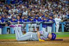 Mets first baseman Pete Alonso after fouling a ball off his foot during Game 6 of the NLCS against the Dodgers in Los Angeles on Oct. 20.