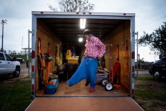 PILESGROVE, NJ USA - AUGUST 31, 2024 -  In his trailer, Rodeo Clown Ronald Burton, of Philidelphia, MS, gets ready hours before the start of the rodeo.