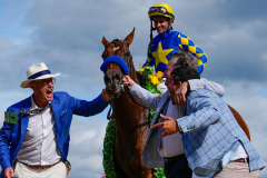 National Treasure, with Flavien Prat up, is led to the winner's circle after winning the 131st Running of the Hill "N' Dale Metropolitan horse race during the Belmont Stakes Racing festival, Saturday, June 8, 2024, in Saratoga Springs, N.Y.