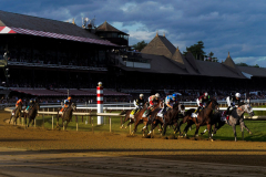 Seize the Grey (1), with Jaime Torres up, and Dornoch, (6), with Luis Saez up, lead the pack around the first turn during the 156th running of the Belmont Stakes horse race, Saturday, June 8, 2024, in Saratoga Springs, N.Y.