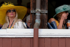 Spectators await the start of the fourth race of the day before the 156th running of the Belmont Stakes horse race, Saturday, June 8, 2024, in Saratoga Springs, N.Y.