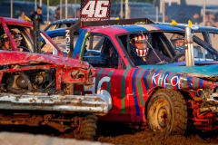 AUGUSTA, NJ USA - AUGUST 4, 2024 -  Doug Babcock, of Wantage, NJ, trades paint with others. The first night of the Demolition Derby at the NJ State Fair held at the Sussex County Fairgrounds in Augusta.