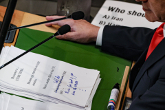 BENJAMIN NETANYAHU, Prime Minister of Israel, is seen from above with annotated notes and corrections on his prepared remarks during his address to the General Debate at UNGA80.