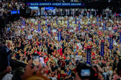 Republican presidential candidate former President Donald Trump gestures to supporters as he arrives at the Republican National Convention Wednesday, July 17, 2024, in Milwaukee.
