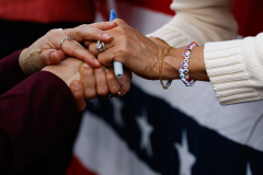 Republican Presidential hopeful and former United States Ambassador to the United Nations Nikki Haley meets with a supporter at a campaign stop, Friday, February 23, 2024, in Moncks Corner, S.C.