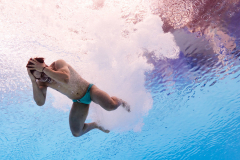 SINGAPORE, SINGAPORE - JULY 31: (EDITORS NOTE: Image was captured using an underwater robotic camera.) Osmar Olvera Ibarra of Team Mexico reacts after competing in the Men's 3m Springboard Preliminaries on day 21 of the Singapore 2025 World Aquatics Championships at OCBC Aquatic Centre on July 31, 2025 in Singapore.