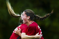 Voorhees’ Emma DeMarco, right, reacts as she embraces Kate Johnson after scoring a goal against Delaware Valley on Oct. 7, 2025, during the second round of the H/W/S girls soccer tournament.