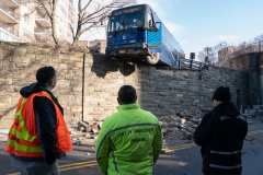 A MTA bus is pictured that partially drove off Independence Ave. near Kapok St. is pictured Friday, Jan. 18, 2025 in the Bronx, New York.