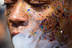 NEW YORK, NY USA - JUNE 29, 2025 - A reveler exhales his vape pen while partying during the 2025 New York City Pride parade in Manhattan. The celebration is the largest gay rights event in the world, with around 2.5 million participants. Gay rights have become a political flashpoint with Republicans running on banning classroom instruction of sexual orientation and gender identity, restricting gender-affirming care, and disallowing transgender girls to play in women's sports. New York City is the modern birthplace of gay rights ever since 1969, when police raided the gay bar the Stonewall Inn, and 6 days of protests resulted afterward.