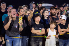 AUGUSTA, NJ USA - AUGUST 3, 2025 - Passionate fans cheer on their favorite drivers during a heat on the opening night of the 2025 Demolition Derby at the New Jersey State Fair, held at the Sussex County Fairgrounds.