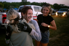 AUGUSTA, NJ USA - AUGUST 3, 2025 -  Augusta, NJ, USA – August 3, 2025: Emily is congratulated by friends after winning her first-ever heat competing in the 4-cylinder car class, on the opening night of the 2025 Demolition Derby at the New Jersey State Fair, held at the Sussex County Fairgrounds.